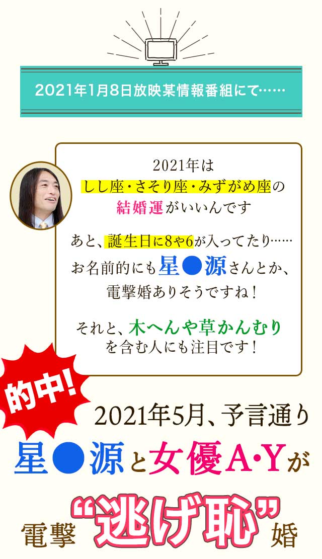 2021年1月8日放映某情報番組にて…… 2021年はしし座・さそり座・みずがめ座の結婚運がいいんです あと、誕生日に8や6が入ってたり……お名前的にも星●源さんとか、電撃婚ありそうですね！それと、木へんや草かんむりを含む人にも注目です！的中!2021年5月、予言通り 星●源と女優A・Yが電撃“逃げ恥”婚