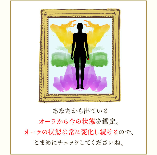 あなたから出ているオーラから今の状態を鑑定。オーラの状態は常に変化し続けるので、こまめにチェックしてくださいね。